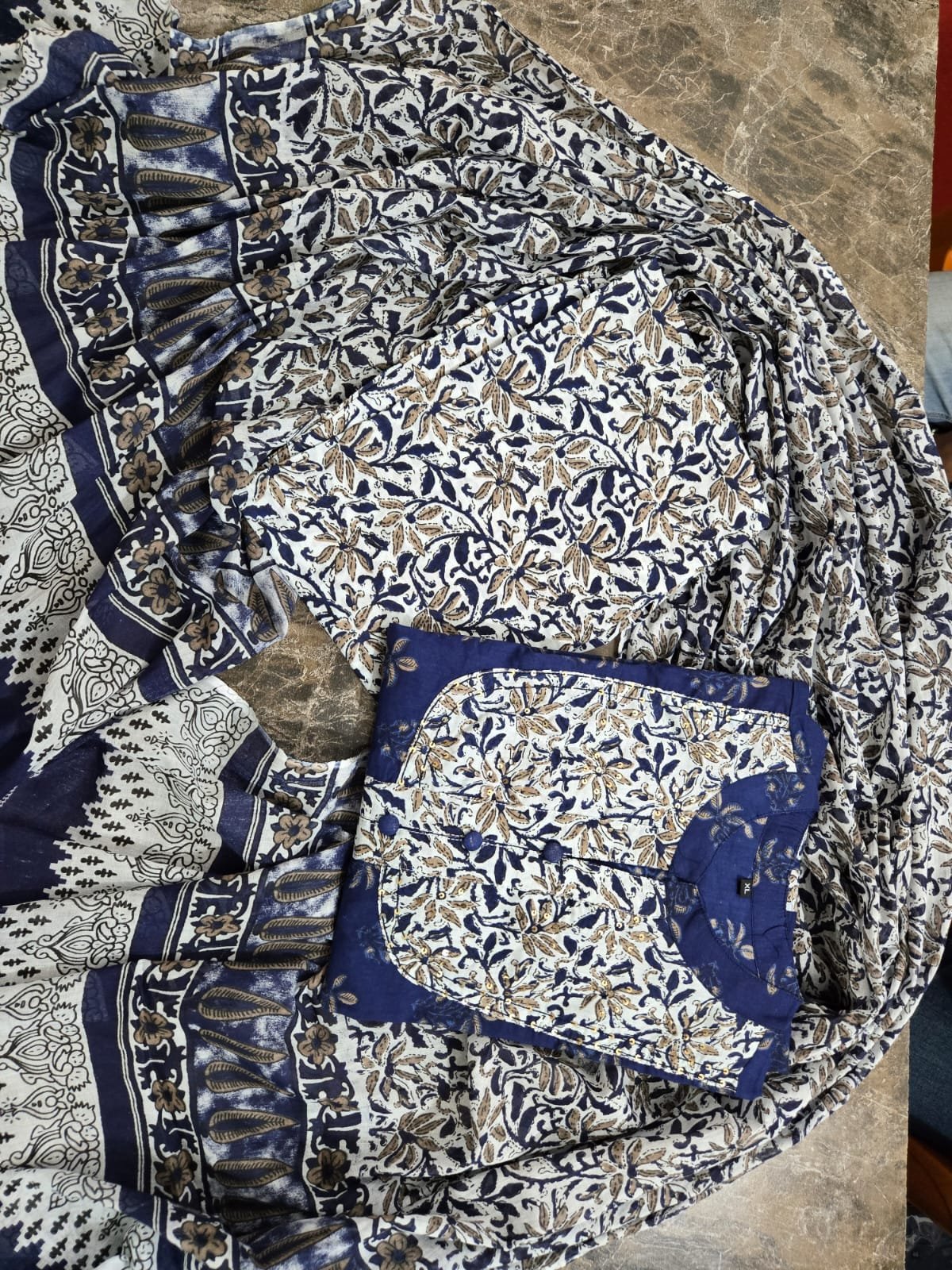 Blue Printed Cotton Anarkali Kurti Pant Dupatta Set